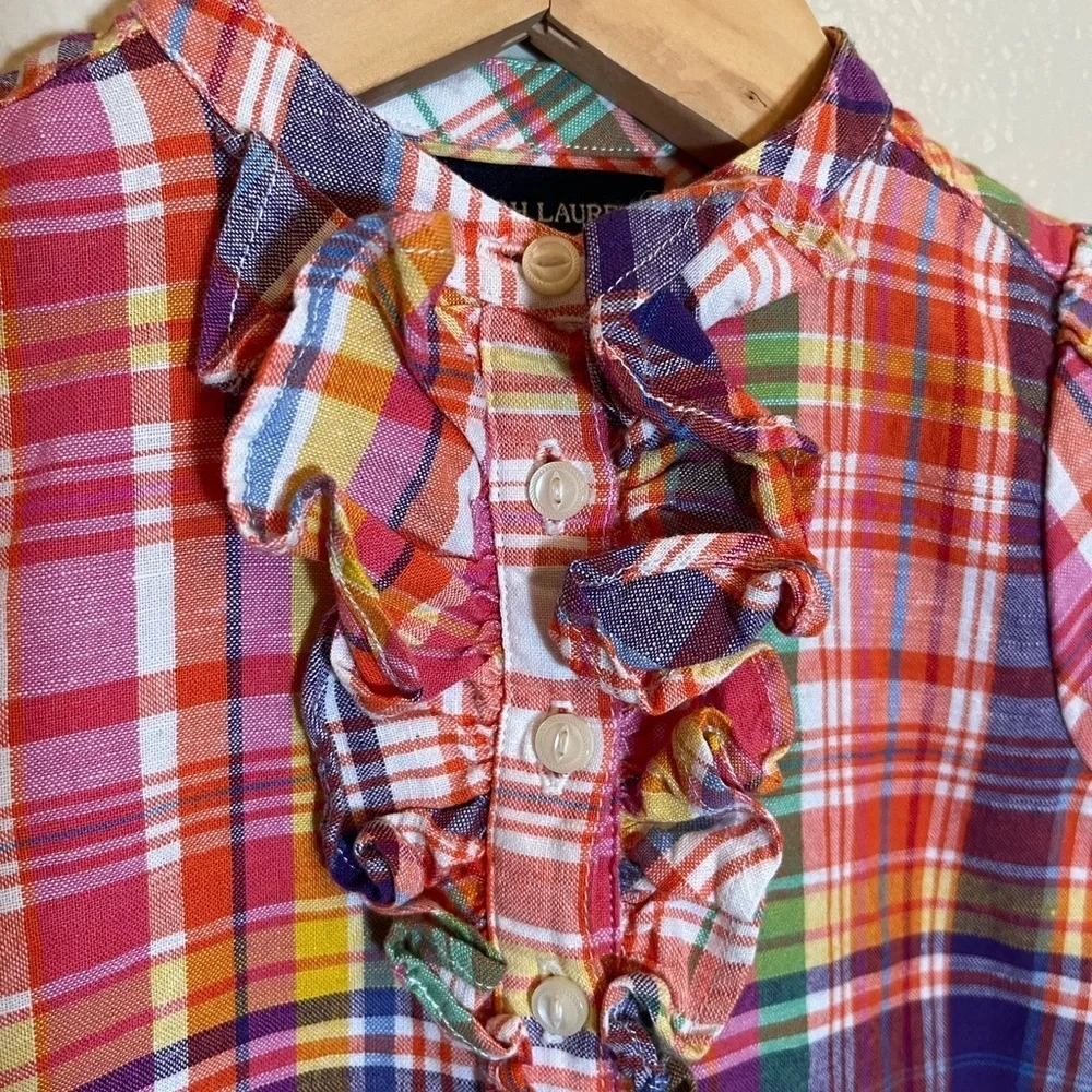 Ralph Lauren Ruffle Plaid Short Sleeve Linen Cotton Blend Dress